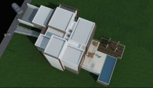 Projeto 3D residencial com telhados embutidos visualizados de cima